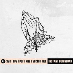 floral praying hands with rosary svg | christian praying hands | prayer pray | christian faith svg | rosary sticker | cr
