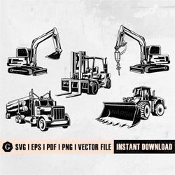 bundle construction svg | construction bundle | heavy equipment svg | industrial equipment svg | truck clipart and silho