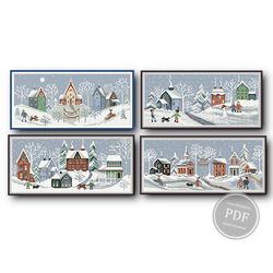 Cross Stitch Set 4 Pattern Christmas, Winter Village Sampler Primitiv, Embroidery Sampler Winter Digital PDF File 364
