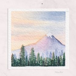 Summer evening mountain painting Sunset painting Original watercolor painting Tiny painting Mini painting 3x3