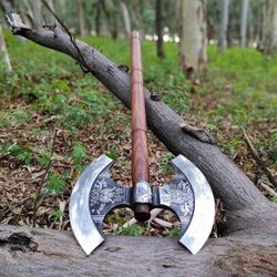 double axe with red leather sheath, valknut viking axe, double headed axe, large battle axe, handmade gifts, viking axes