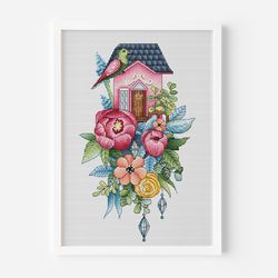 Floral Bird House Cross Stitch Pattern PDF, Whimsical House Counted Cross Stitch, Bird Hand Embroidery Pattern Peony