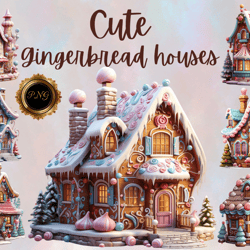 Christmas Cute Gingerbread Houses PNG clipart, Sublimation gingerbread house clipart, Clipart for holiday projects