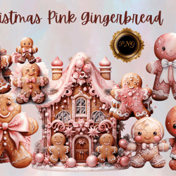 Christmas Pink Gingerbread PNG Clipart, holiday sublimation graphics, festive baking illustrations, winter cookie design