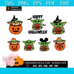 halloween baby yoda pumpkin bundle svg, 7 files halloween baby yoda pumpkin svg