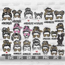mom life kid life mega svg bundle | messy bun hair cut file | mom png | leopard mom t-shirt | momlife clipart | mother a