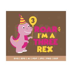 girl dinosaur svg png cut file, girl three rex svg, girl third birthday design file, dinosaur 3rd birthday file, silhoue