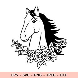 Horse Svg Floral Horse Dxf File for Cricut Outline Horse Portrait Png Mustang Cut File Farm Animal with flowers