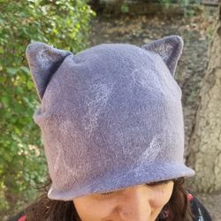 DIGITAL TUTORIAL felted cat hat. How to dump a grey hat with cats ears. Felted hat master class.