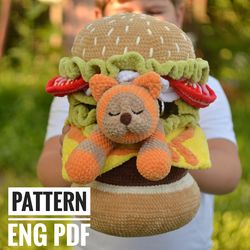 Burger Pattern Crochet, Big Plush Burger, Decorative Pillow toy "CatBurger", Amigurumi Crochet Food