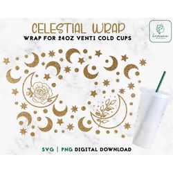 Boho Moon 24oz Venti Cold Cup Wrap Svg, Stars and Moon Cold Cup Svg, Mystical Wrap Svg Cut File Instant Download