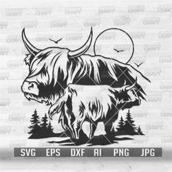 highland cow scene svg | farm animal clipart | farmlife dxf | farming shirt png | barn mooey cutfile | howdy stencil | w