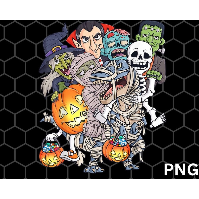 Halloween Skeleton Zombie png, Riding Mummy T Rex Funny Pumpkin png - 1.jpg
