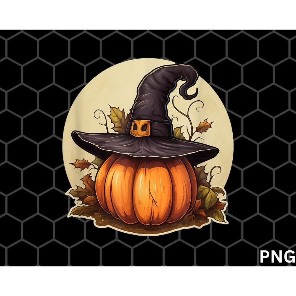 Pumpkin Wearing Witch Hat Halloween png, Halloween theme png, Fall Leaves png - 1.jpg