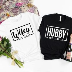 wifey and hubby shirt, wedding party shirt, honeymoon shirt,wedding shirt,wife and hubs shirts, just married shirts-a376