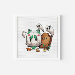 Haunted Frog Ghost Cross Stitch Pattern, Tombstone DIY Halloween Hand Embroidery Cemetery-themed Design for Halloween