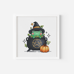 Creepy Cute Frog in a Halloween Cauldron Cross Stitch Pattern Instant Download Halloween Pattern Hand Embroidery