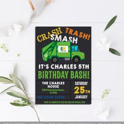 garbage truck invitation, garbage truck birthday invitation, garbage truck birthday party invitation, garbage truck