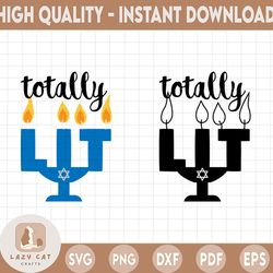 totally lit hanukkah menorah svg cutting template, totally lit hanukkah black and blue, totally hanukkah svg png