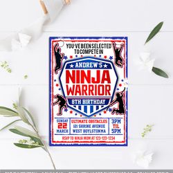 ninja warrior invitation, ninja warrior birthday invitation, ninja warrior birthday party invitation, ninja warrior card