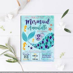 pink purple teal mermaid invitation, mermaid invitation, mermaid birthday invitation, mermaid birthday party invitation