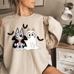 bluey and bingo funny halloween spooky season sweatshirt, bluey family scary kids halloween trick or