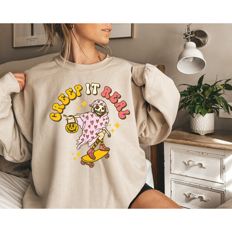 Creep It Real Skateboard Skeleton Funny Halloween Sweatshirt, Spooky Season Autumn Fall Skull Bones Cozy Hoodie,  Hocus Pocus Boo T-Shirt - 2.jpg