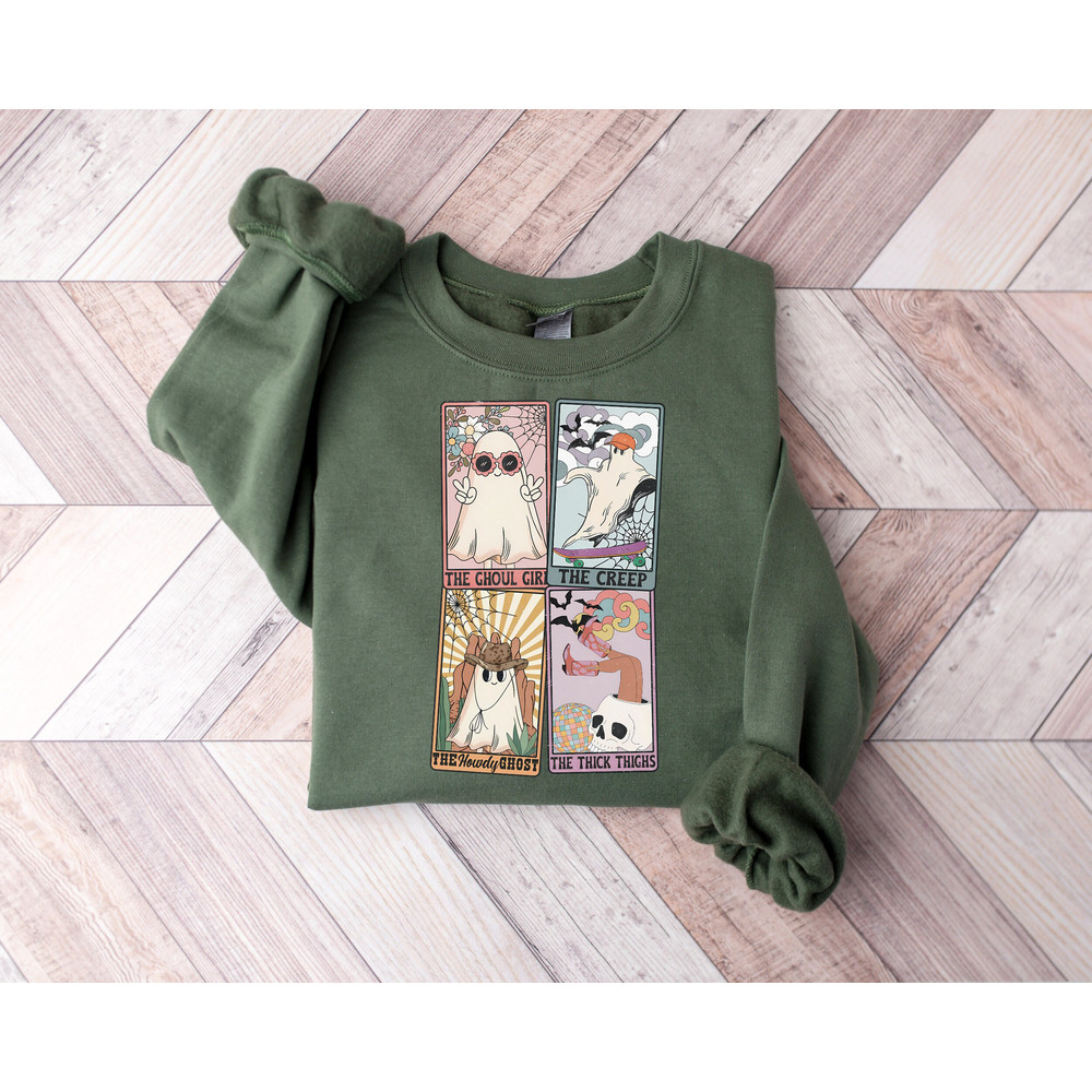 Cute Ghosts Tarot Card Halloween Sweatshirt, Creep It Real Thick Thigs Spooky Season Skull T-Shirt, Spooky Vibes Western Cowboy Ghost Hoodie - 2.jpg