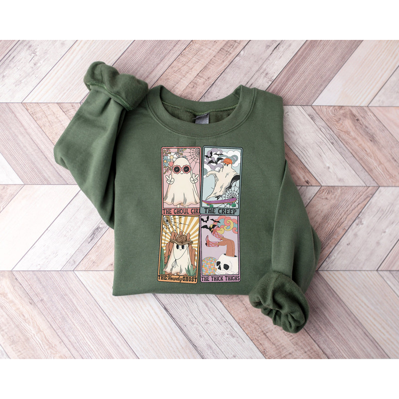 Cute Ghosts Tarot Card Halloween Sweatshirt, Creep It Real Thick Thigs Spooky Season Skull T-Shirt, Spooky Vibes Western Cowboy Ghost Hoodie - 2.jpg