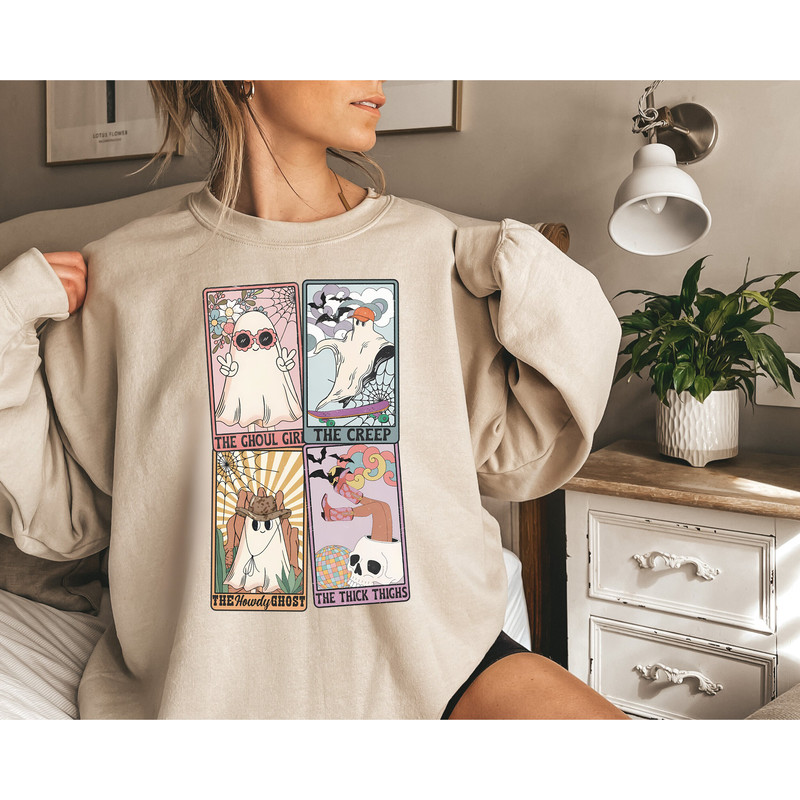 Cute Ghosts Tarot Card Halloween Sweatshirt, Creep It Real Thick Thigs Spooky Season Skull T-Shirt, Spooky Vibes Western Cowboy Ghost Hoodie - 3.jpg