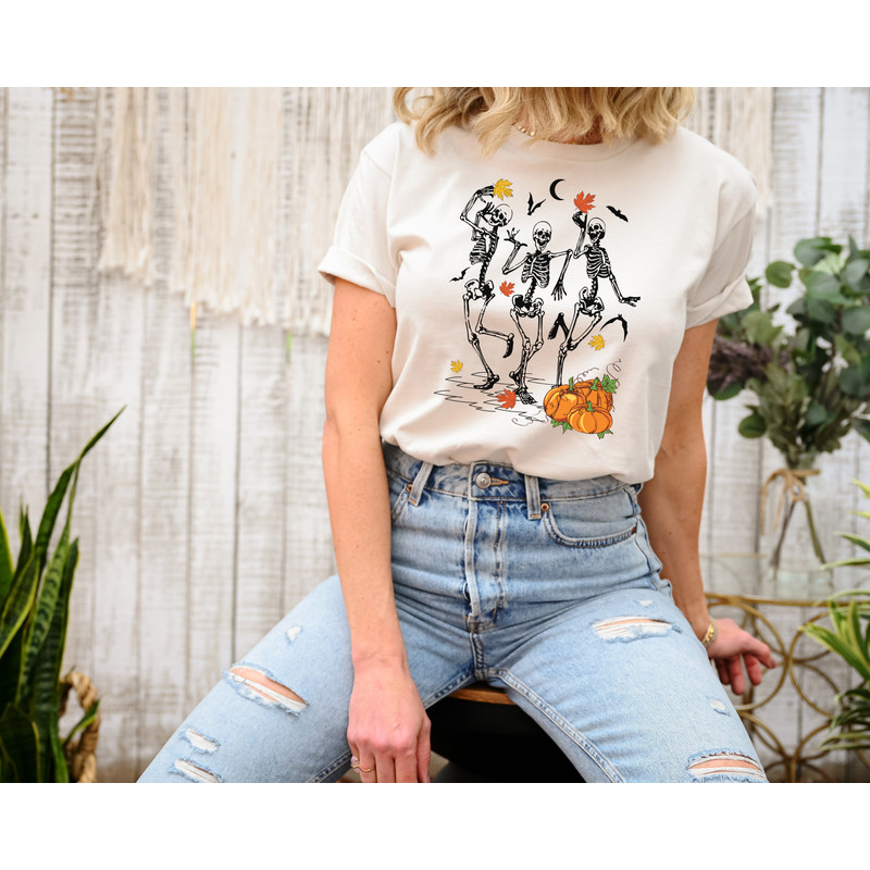 Dancing Skeleton Pumpkin Halloween Sweatshirt, Spooky Season Skeleton Skull Autumn Fall Clothing Halloween Gift, Spooky Vibes Bones Tee - 2.jpg