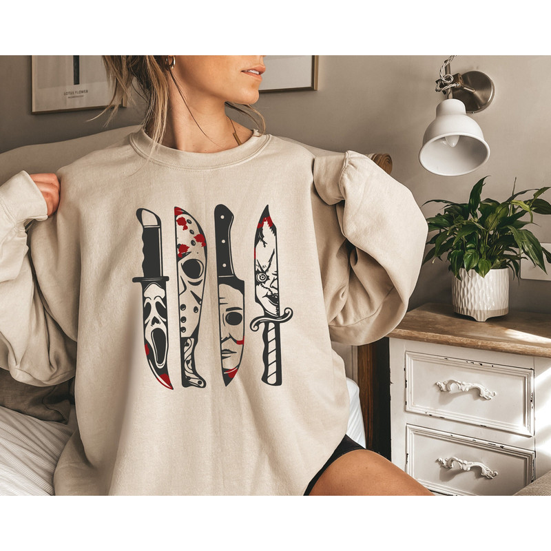 Horror Movie Characters Knives Halloween Sweatshirt, Serial Killer Spooky Season Scary Halloween Horror Shirts, Spooky Vibes Cute Fall Tee - 1.jpg