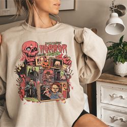 horror movie characters retro halloween sweatshirt, serial killer spooky season autumn fall t-shirt,