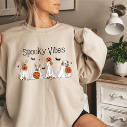 retro halloween cute dog ghosts pumpkin sweatshirt, trick or treat hocus pocus spooky season ghosts