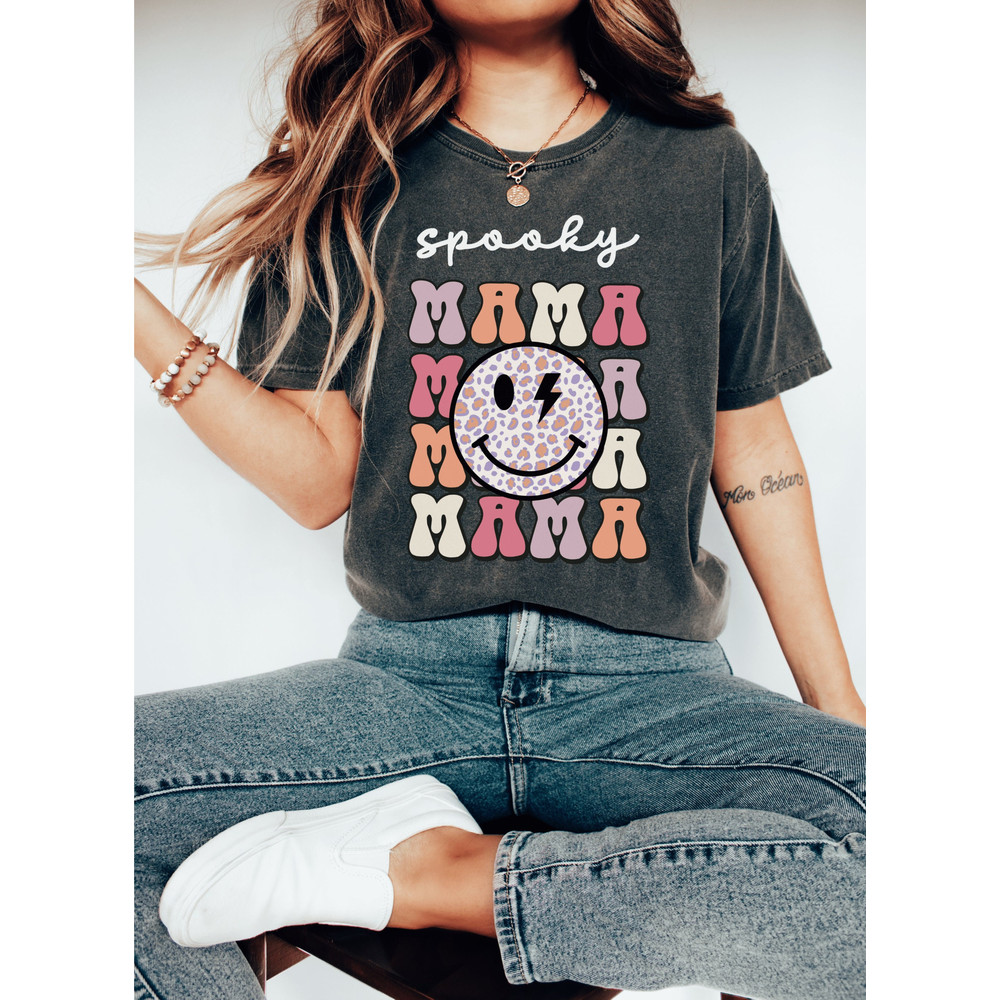 Retro Spooky Mama Smiley Face Halloween Sweatshirt, Autumn Fall Spooky Vibes Scary Halloween T-Shirt, Mommy and Me Spooky Vibes Shirts - 1.jpg