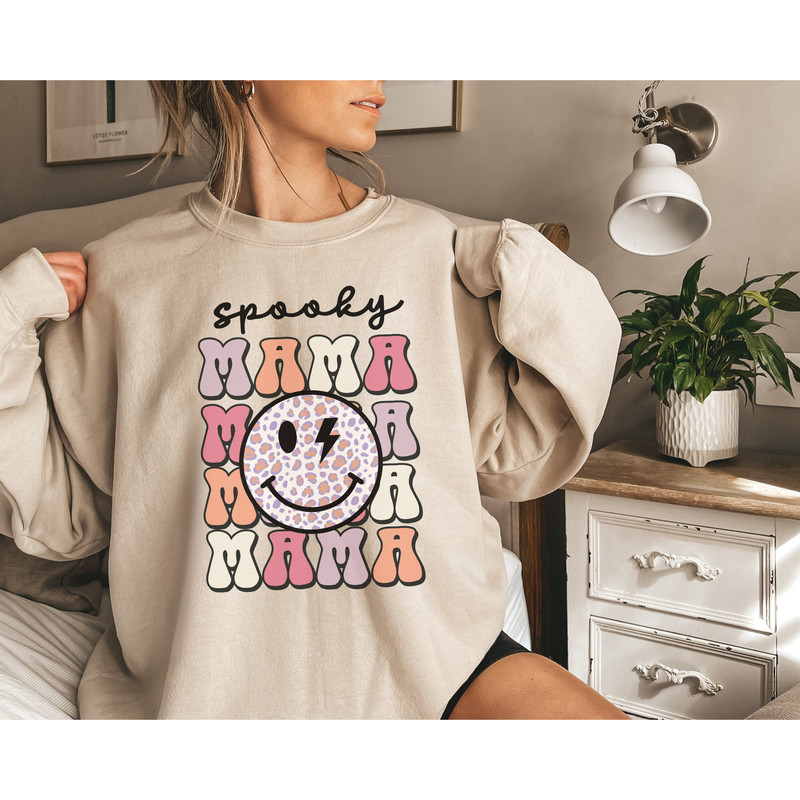 Retro Spooky Mama Smiley Face Halloween Sweatshirt, Autumn Fall Spooky Vibes Scary Halloween T-Shirt, Mommy and Me Spooky Vibes Shirts - 2.jpg