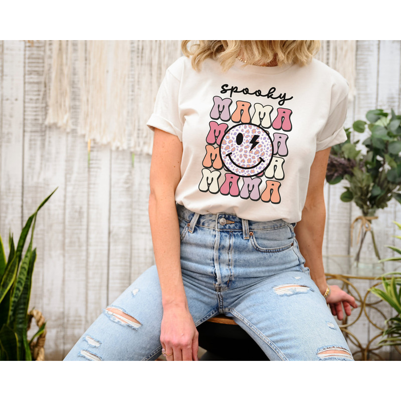 Retro Spooky Mama Smiley Face Halloween Sweatshirt, Autumn Fall Spooky Vibes Scary Halloween T-Shirt, Mommy and Me Spooky Vibes Shirts - 4.jpg