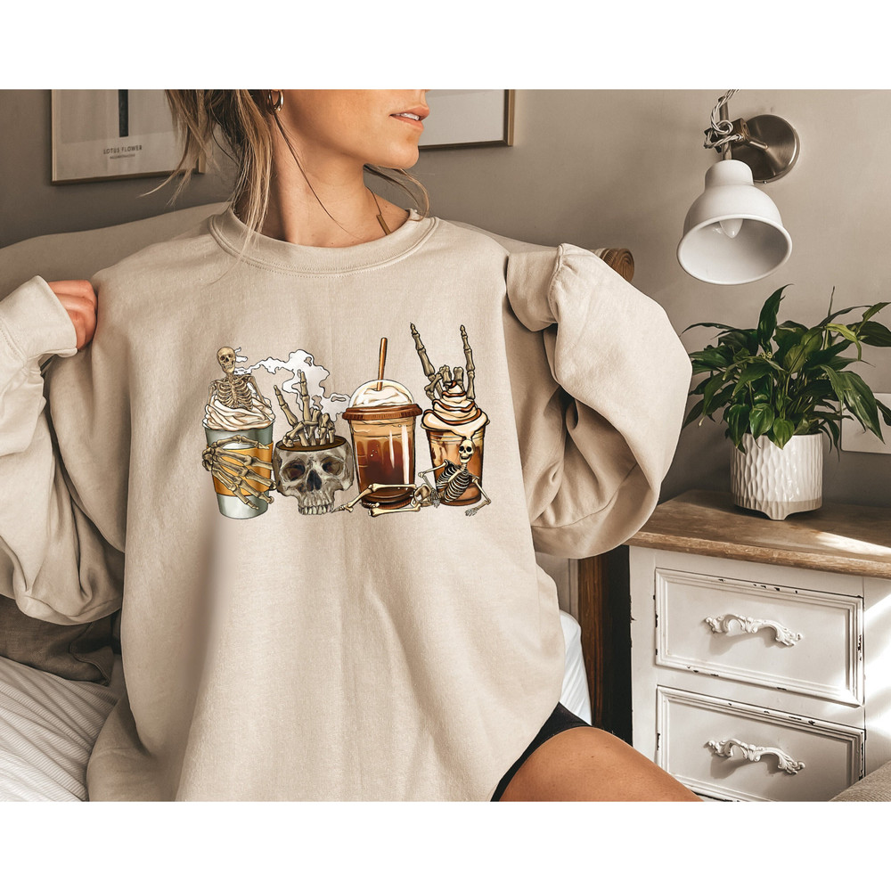 Skeleton Coffe Lover Spooky Season Halloween Sweatshirt, Skull Head Bones Coffe Latte Lover Gift, Spooky Vibes Skull Fingers Autumn Fall Tee - 1.jpg