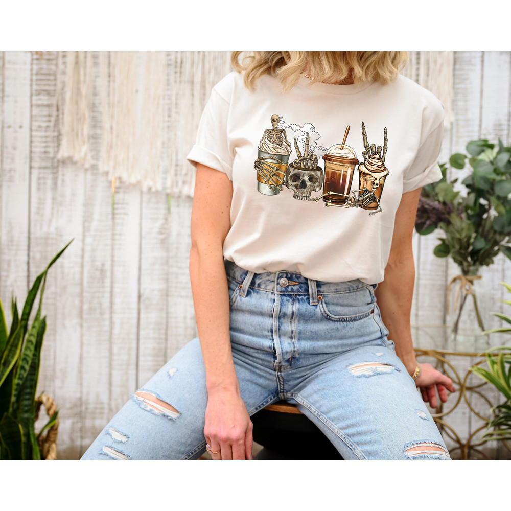 Skeleton Coffe Lover Spooky Season Halloween Sweatshirt, Skull Head Bones Coffe Latte Lover Gift, Spooky Vibes Skull Fingers Autumn Fall Tee - 2.jpg