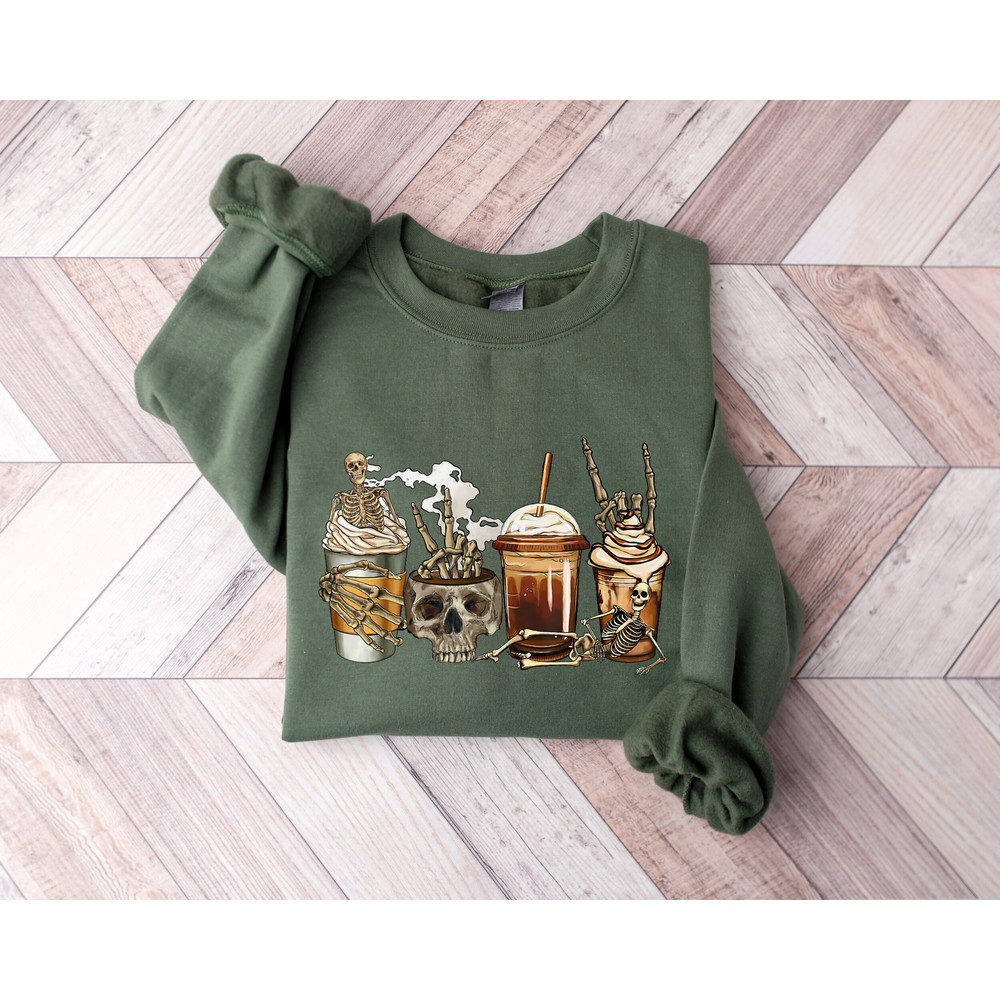 Skeleton Coffe Lover Spooky Season Halloween Sweatshirt, Skull Head Bones Coffe Latte Lover Gift, Spooky Vibes Skull Fingers Autumn Fall Tee - 3.jpg
