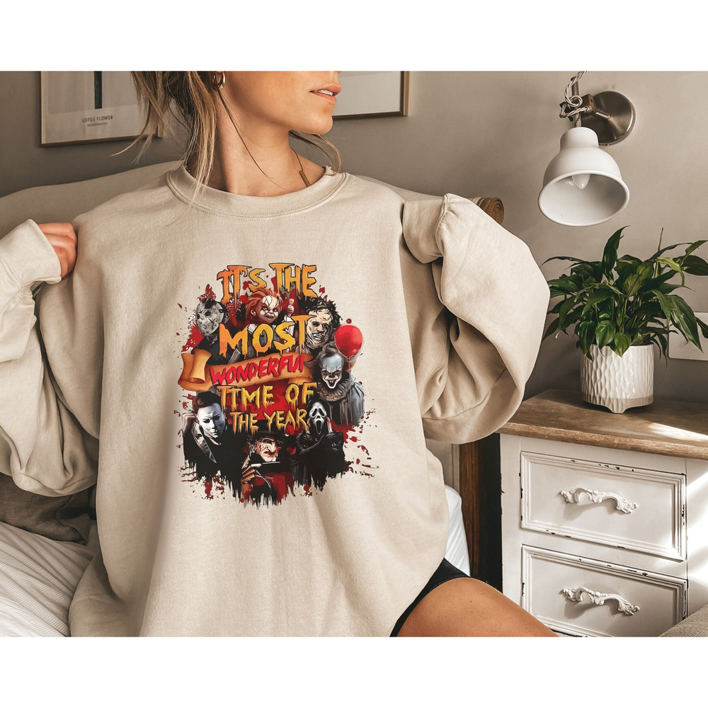 Spooky Skeleton The Most Wonderful Time Of The Year Retro Halloween Sweatshirt, Spooky Season Serial Killers Horror Movie Characters Shirt - 1.jpg