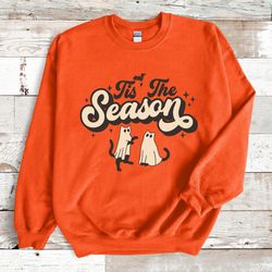 Tis The Season Ghost Cat Cute Fall Halloween Sweatshirt, Spooky Season Cat Lover Autumn Fall Clothin