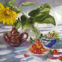 Still life Sunflower Teapot Rose hip painting, Original Oil Painting on canvas, Sunflower decor, Impressionist painting