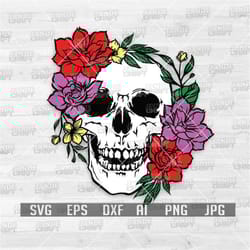 floral skull svg | flower skeleton head clipart | la muerta stencil | lady dead cut file | day of the dead clipart| skul