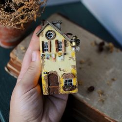 in stock. small wooden yellow house, driftwood art, tiny miniature house, gift for mom, sister. old house miniature