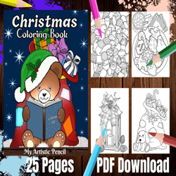 Coloring Pages: Christmas Coloring Book, Easy Adult Coloring Book, 25 Digital Coloring Pages (Printable, PDF Download),
