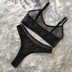 Black See Through lingerie set for women, elastic mesh, Luxury Handmade to Order