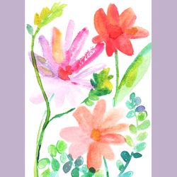 Watercolour pink and red flowers painting sketching art print. Watercolor summer wildflowers printable