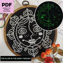 Sun and moon cross stitch pattern  PDF for glow in the dark threaads, day and night luminescent ornament