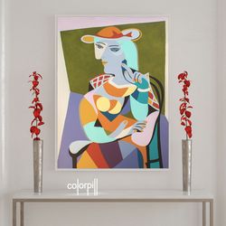A female portrait painted in vibrant colors. Art on the wall in the living room. A painting above the fireplace.